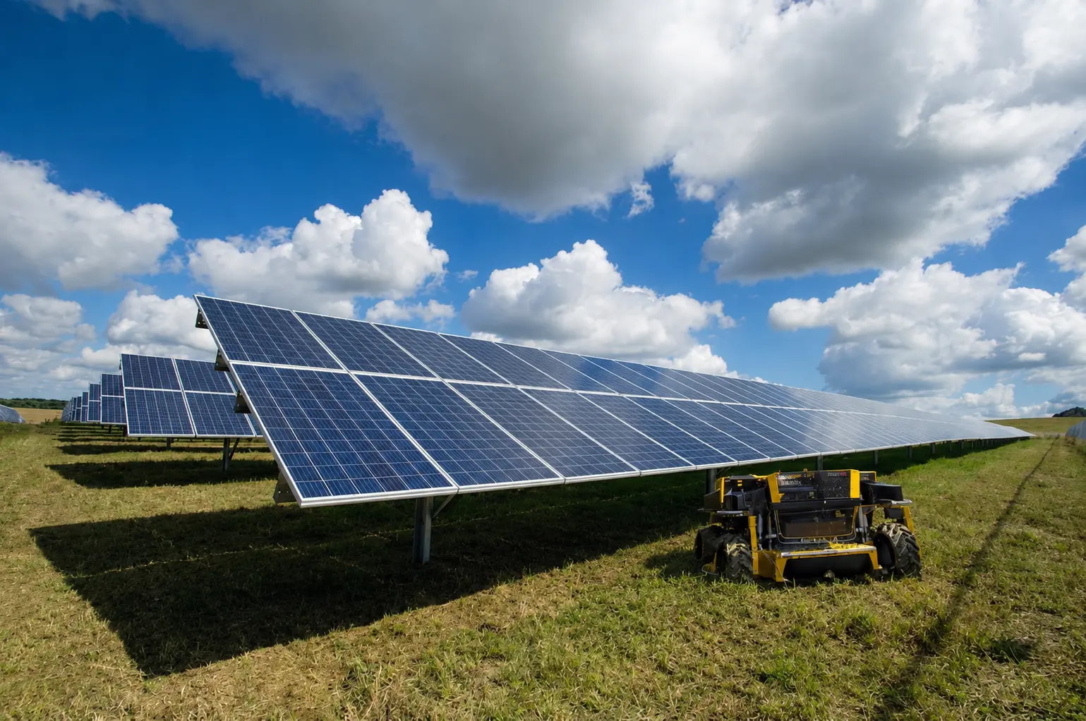Desbrozadora robótica trabajando entre filas de paneles en una planta solar